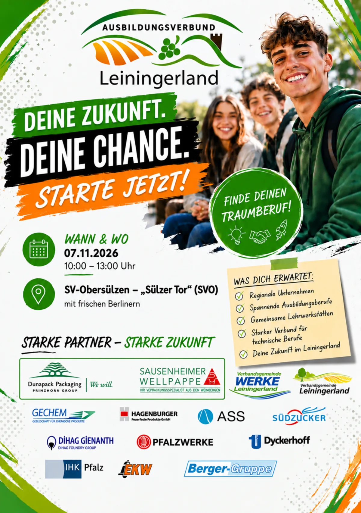 Flyer zur Info-Messe des Ausbildungsverbunds Leiningerland am 7. November 2026, 10 bis 13 Uhr, beim SV Obersülzen